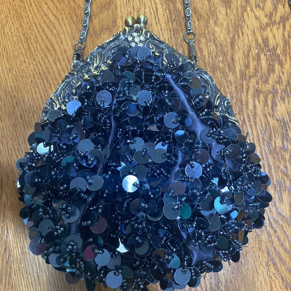 Black Iridescent Sequin crossbody mini purse with bronze chain